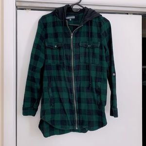 BECOOL | Women’s Green & Black Plaid Zip-up Jacket with Hood & Pockets | EUC